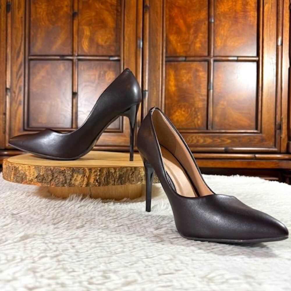 Daily Shoes Paris Dark Brown Faux Leather Pointed Toe Heel Pump